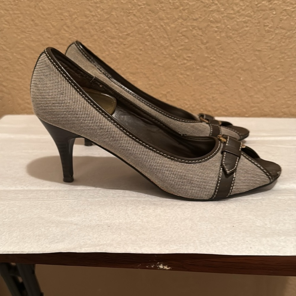 Cato Tweed Heels with Brown leather& Gold Buckle. See pics for minor flaws.